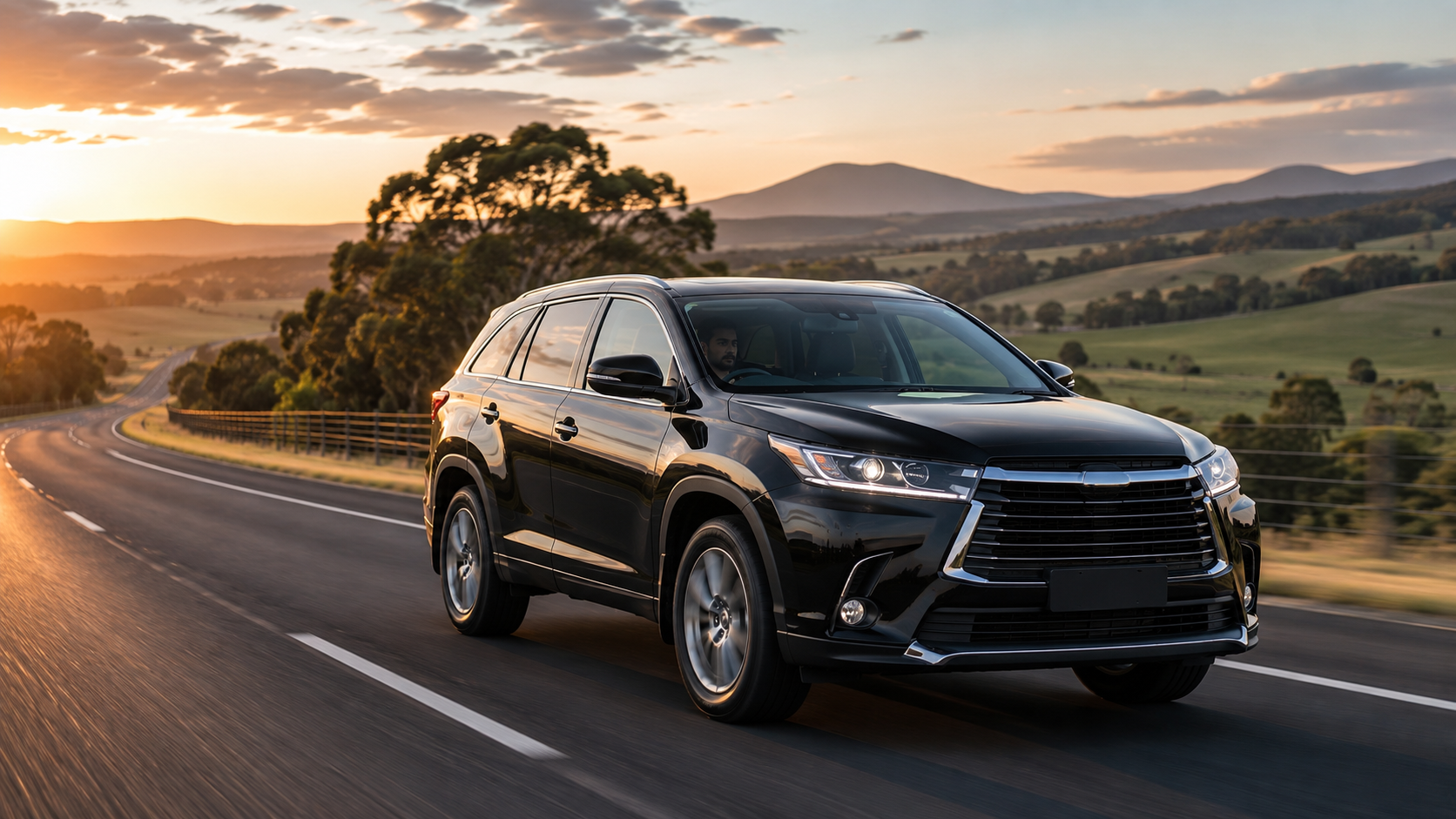 Vehicle cruising smoothly on Victorian scenic country road at sunset