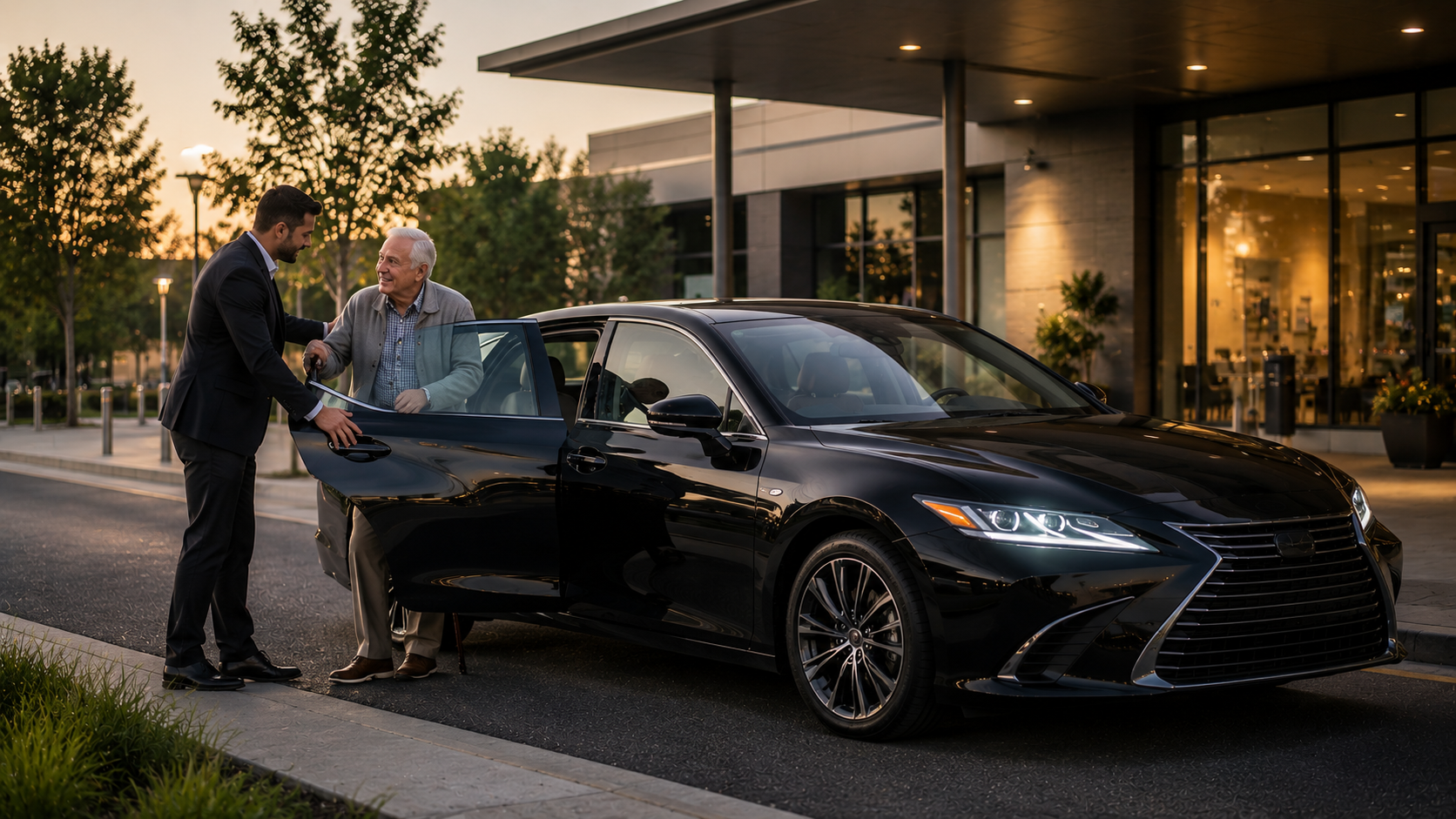 Caring driver assisting senior passenger with sedan door